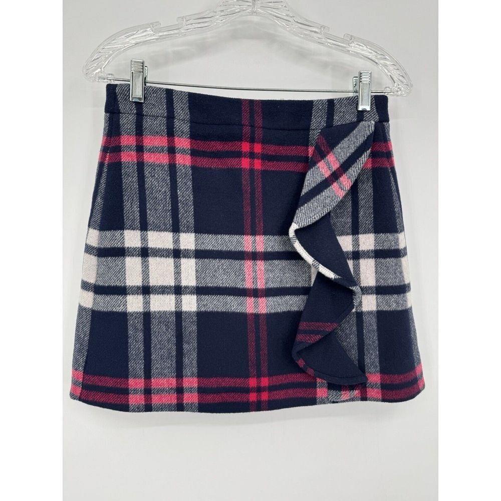 J.‎ Crew Black Wool Blend Mini Skirt Blue White and Red Plaid Print, Size 4 NEW